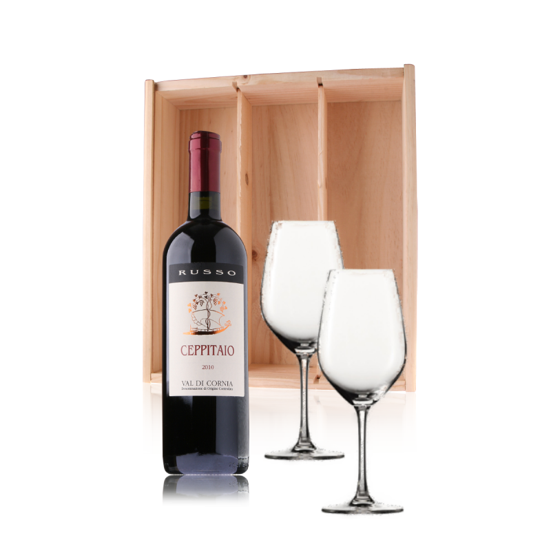 Joseph Banks verdrievoudigen bovenstaand fles Ceppitaio in houten kist, compleet met 2 wijnglazen